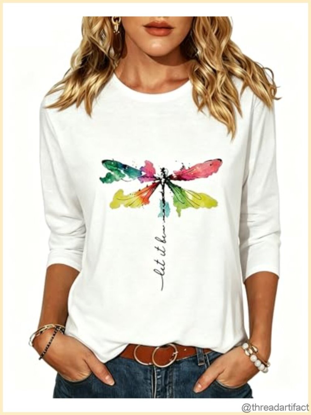 Womens 3/4 Sleeve Vintage Boho Wildflower Floral Graphic Tee Casual Summer Top